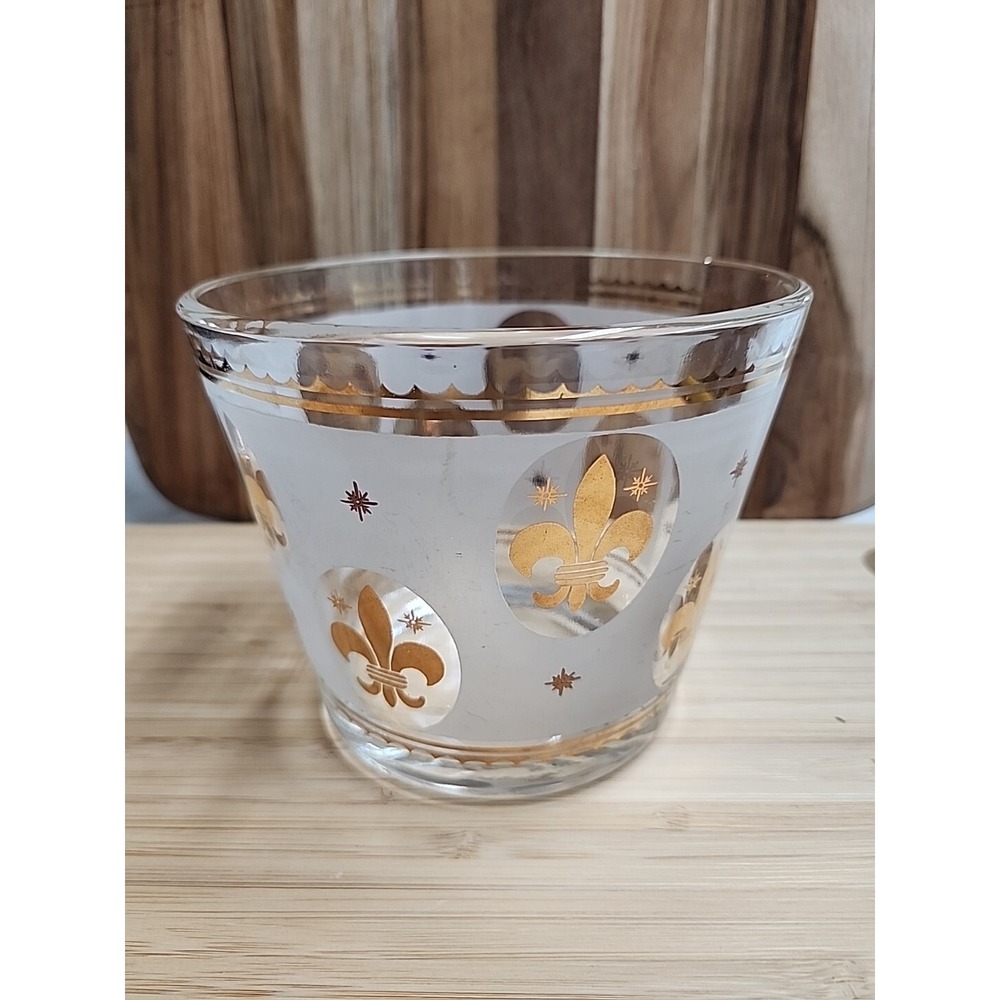 Vtg 60s Fleur-de-lis Glass Ice Bucket Gold Leaf & Frost MCM Barware 6x5" NICE